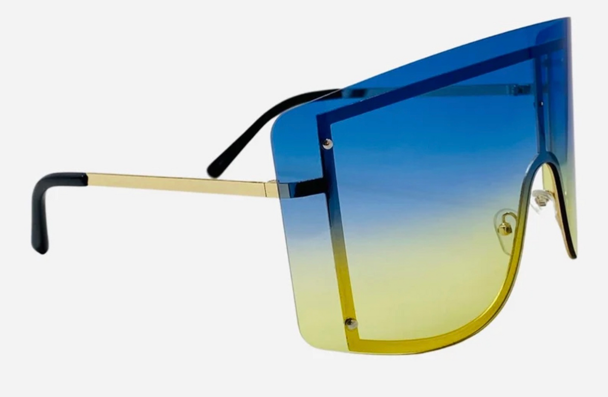 Rimless Two-Tone Shield Sunglasses by The Glam Vault in Blue and Yellow