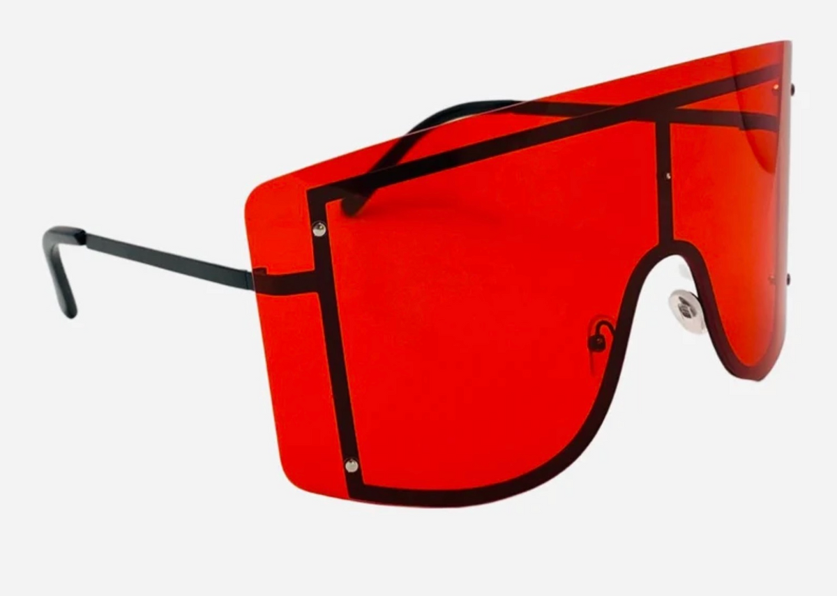 Rimless Two-Tone Shield Sunglasses by The Glam Vault in Red